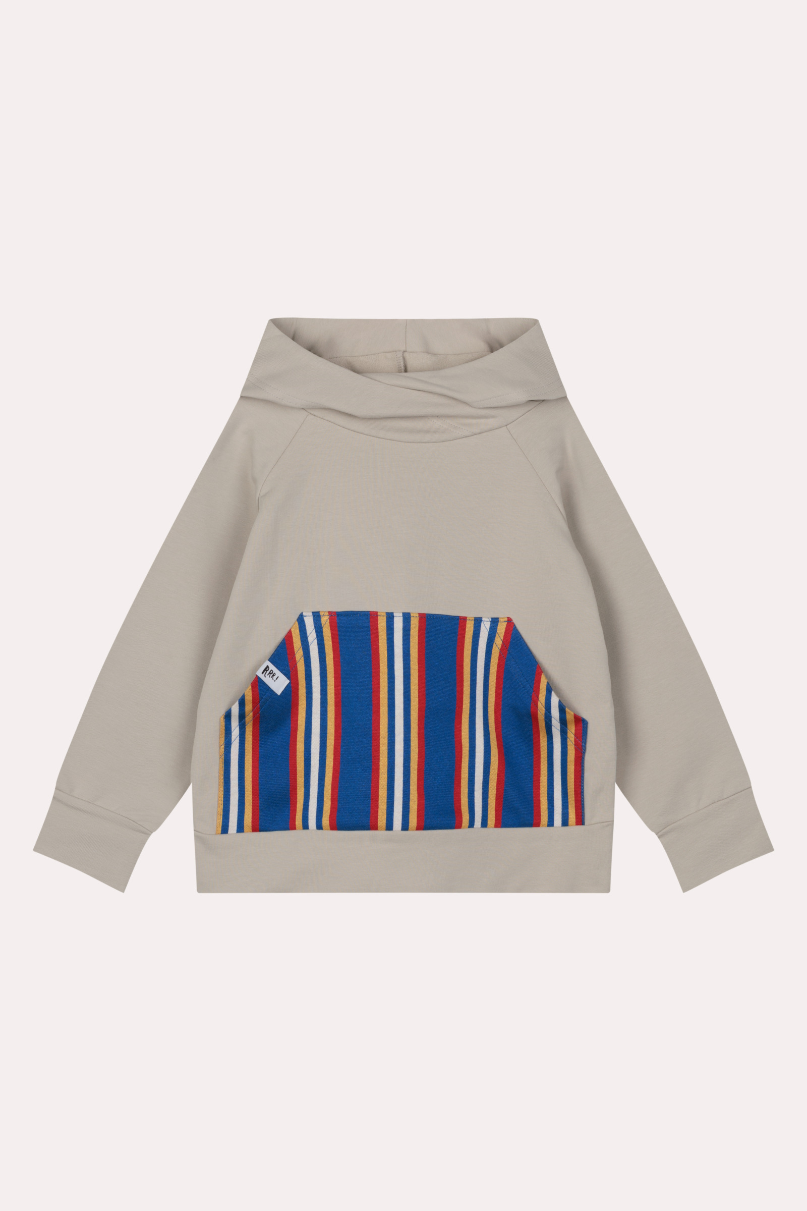 Bluza beżowa z kapturem i kangurkiem w paski