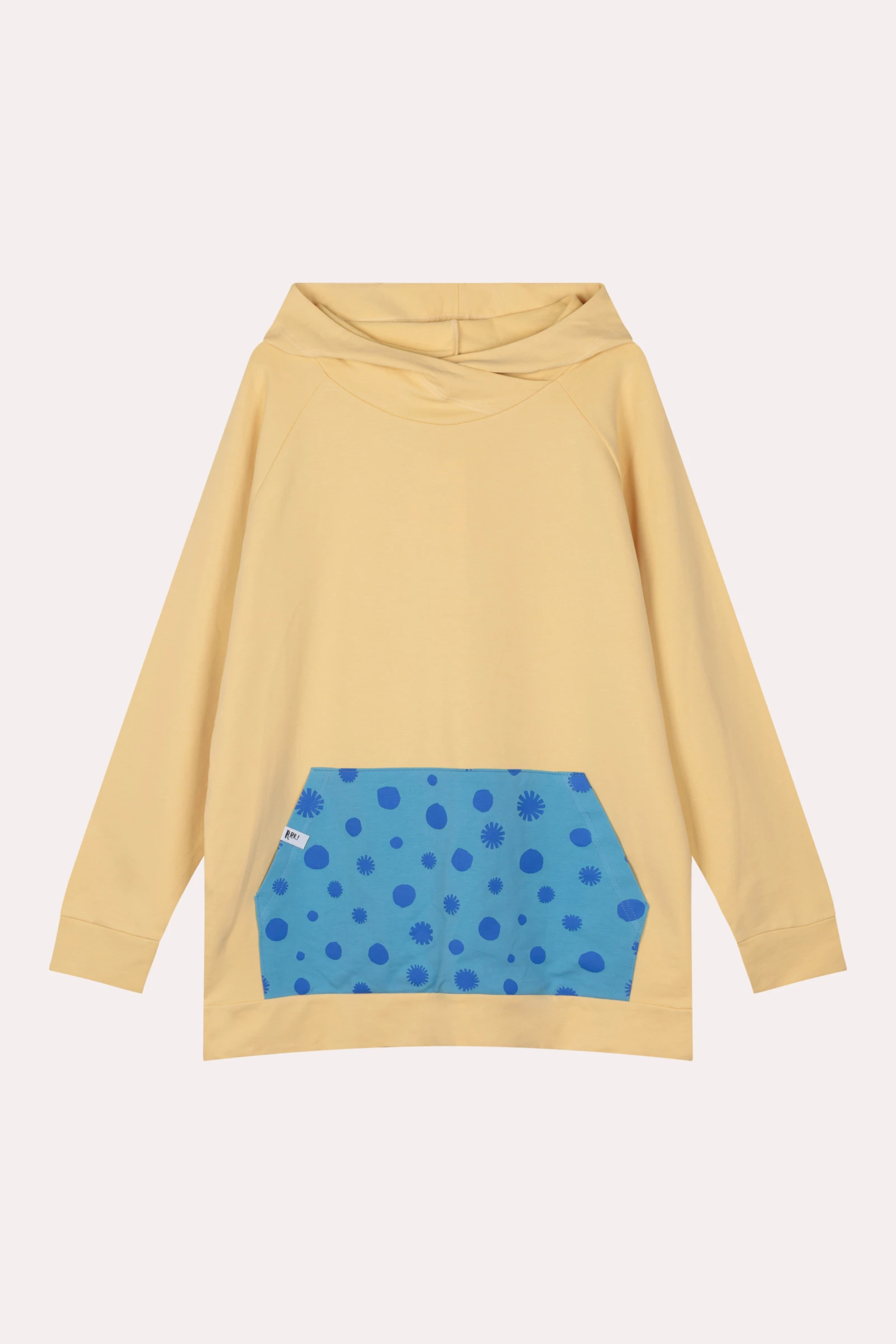 Damska przedłużona żółta bluza z kapturem i kangurkiem w kropki