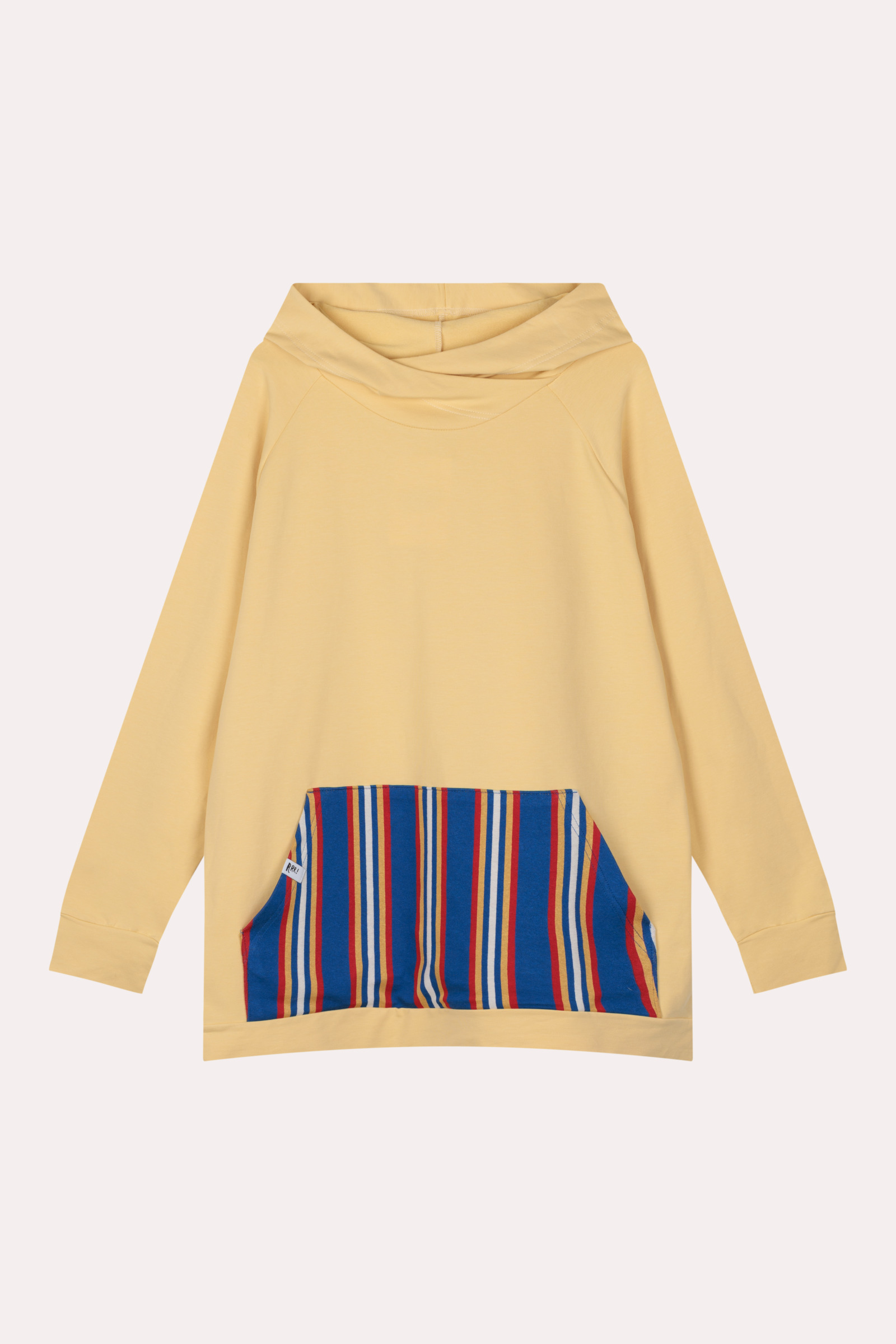 Damska przedłużona żółta bluza z kapturem i kangurkiem w paski