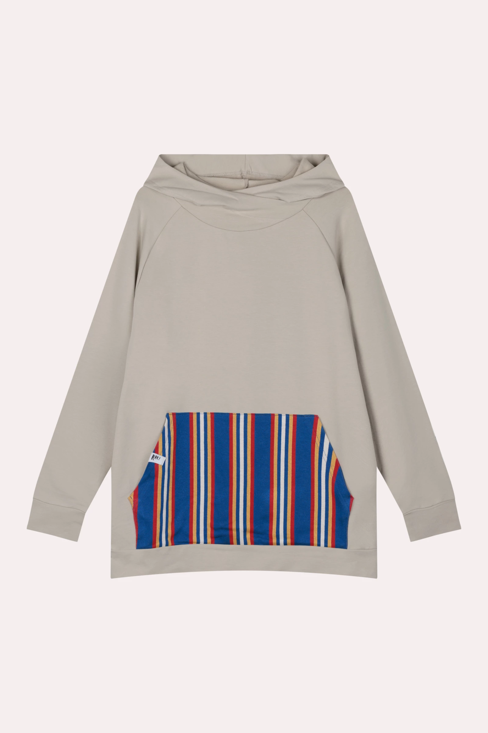 Beżowa bluza z kapturem i kangurkiem w paski dla dużych